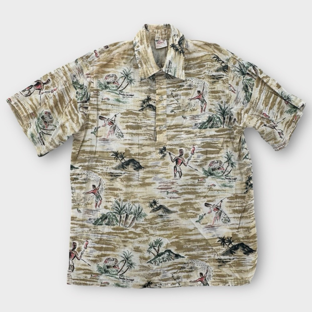 Vintage Go Barefoot Hawaiian Shirt Mens Large Beige Spear Fishing Graphic Aloha‎